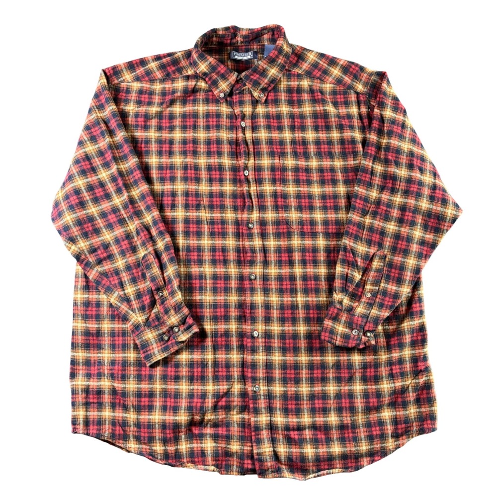 Premier International Mens XL Flannel Shirt Red Navy‎ Plaid Button Down Cotton
